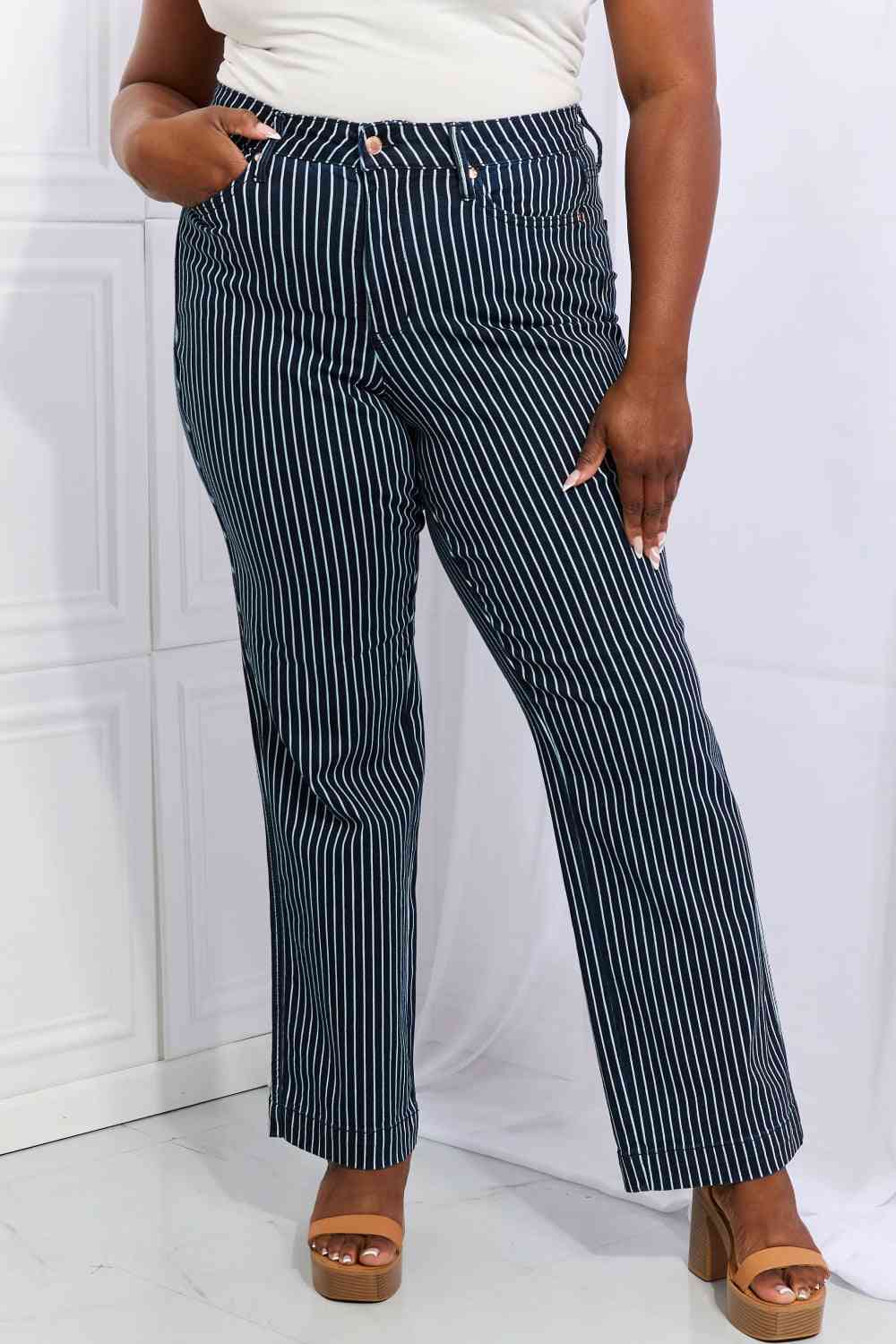 Judy Blue Cassidy Full Size High Waisted Tummy Control Striped Straight Jeans - Heaven's Roaring Boutique