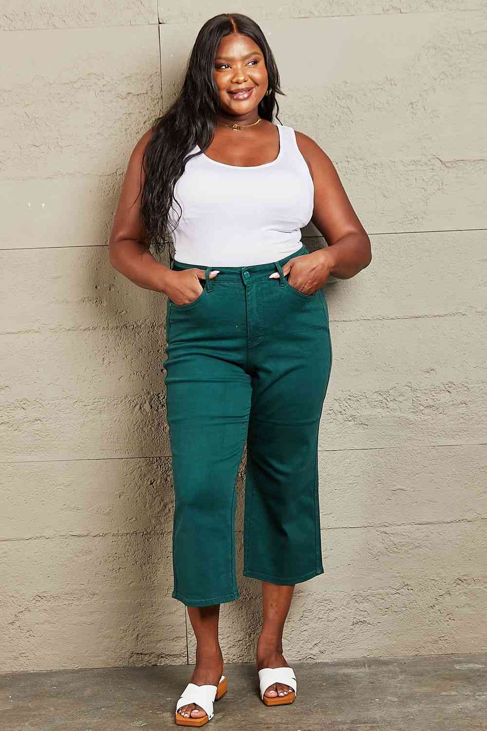 Judy Blue Hailey Full Size Tummy Control High Waisted Cropped Wide Leg Jeans - Heaven's Roaring Boutique