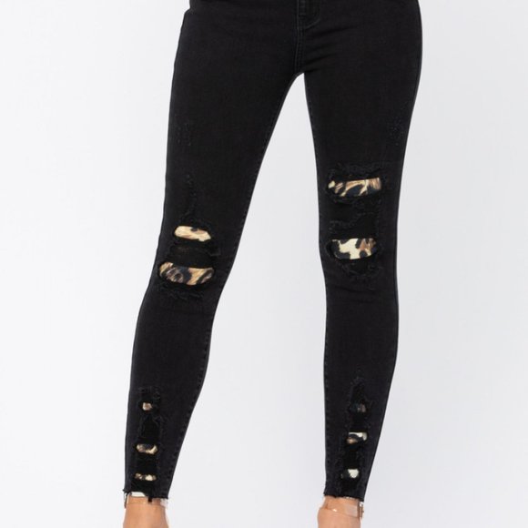 Judy Blue Black Destroyed Leopard Patch Skinny Jeans | JEANS | black, BLACK jeans, black judy blue jeans, black pants, blue jeans, dark jeans, dark judy blue jeans, dark skinny jeans, dark wash jeans, dark wash judy blue jeans, dark wash skinny jeans, dark wash skinny jeans judy blue, jeans, Judy Blue, judy blue denim, judy blue jeans, judy blue skinny jeans, RAW HEM, raw hem skinny jeans, skinny jeans | judy blue