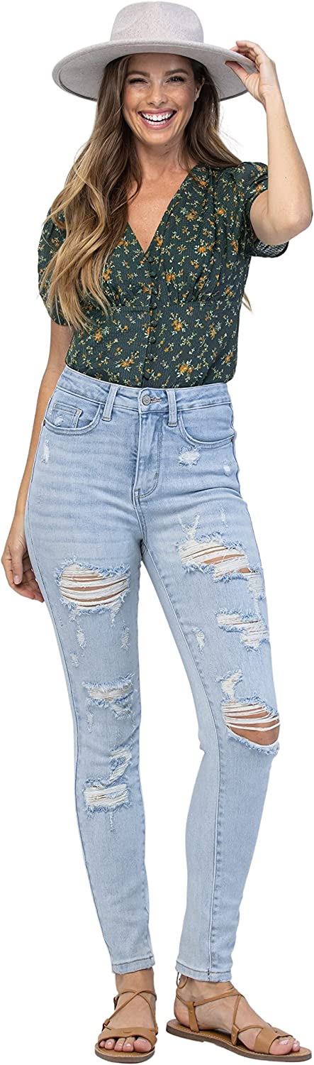 Judy Blue High Waisted Destroyed Tummy Control Light Wash Skinny Jeans | JEANS | 88431reg-lt, blue jeans, denim, destroyed, destroyed jeans, distressed, distressed jeans, jeans, Judy Blue, judy blue denim, judy blue destroyed jeans, judy blue distressed jeans, judy blue jeans, judy blue light wash jeggings, judy blue skinny jeans, judy blue tummy control jeans, light wash distressed jeans, light wash jeans, light wash judy blue jeans, light wash skinny, light wash skinny jeans, skinny jeans, tummy control, 