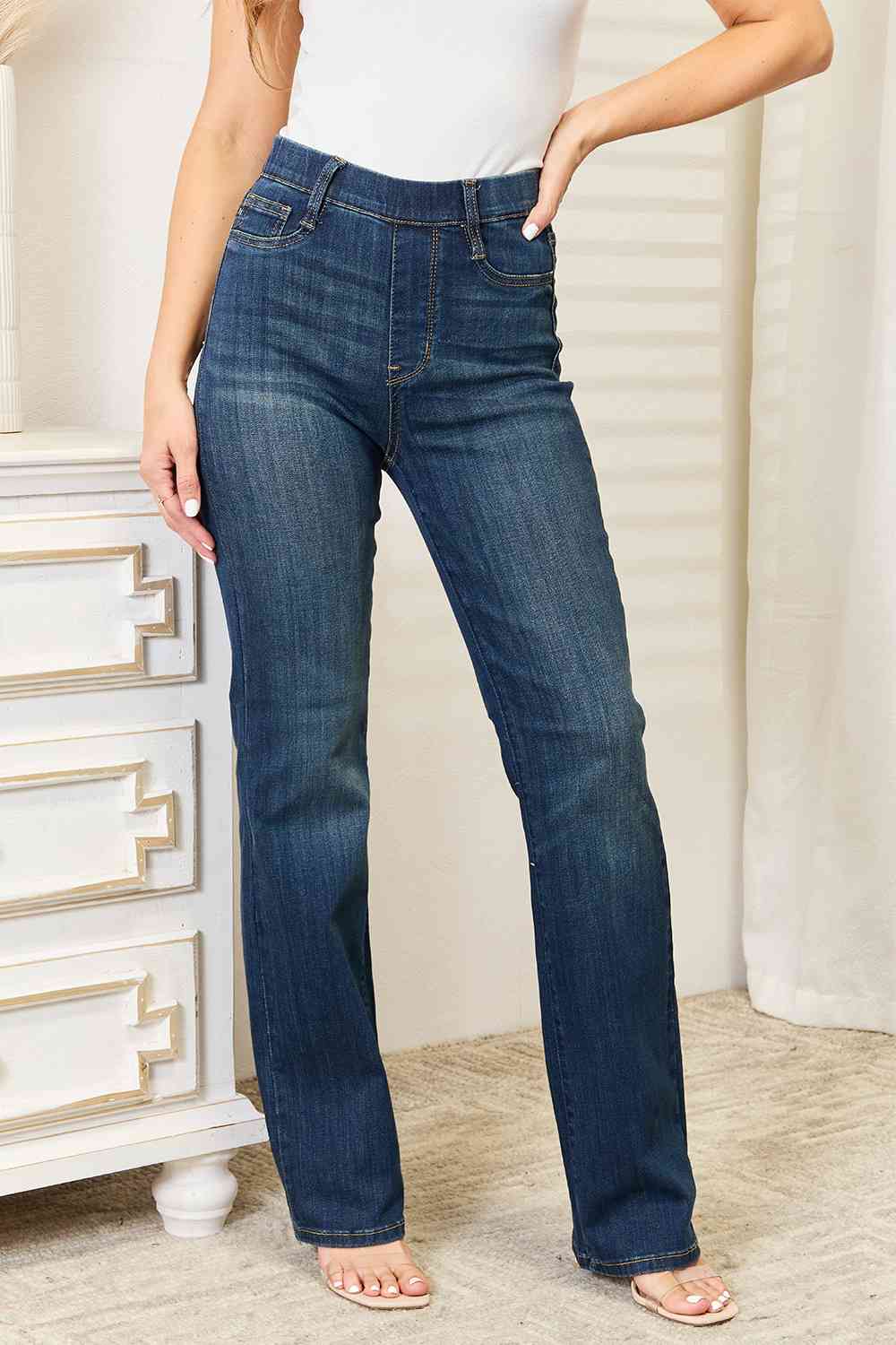 Judy Blue Full Size Elastic Waistband Slim Bootcut Jeans - Heaven's Roaring Boutique