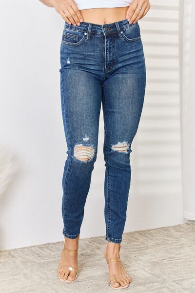 Judy Blue Full Size High Waist Distressed Slim Jeans - Heaven's Roaring Boutique