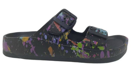 Mama Mia - Black Multi | Shoes | adjustable, adjustable straps, black, black multi, black multi flip flop, black multi shoe, black shoe, buckle, buckles, comfy, comfy shoes, flip flop, Gypsy Jazz, Gypsy Jazz shoes, multi flip flop, multi shoe, paint splash | Gypsy Jazz