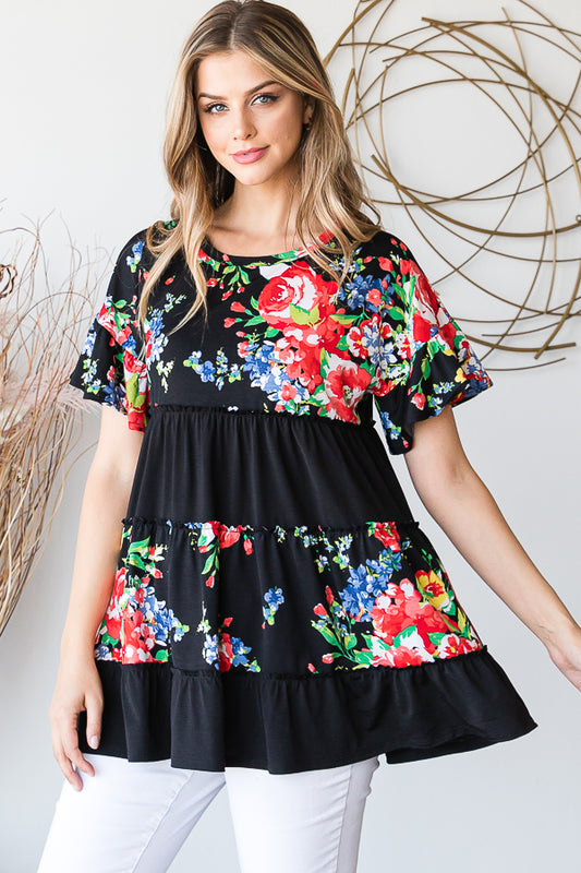 Heimish Solid And Floral Ruffled Top | tunic top | black, black floral top, black heimish top, black top, black tunic top, floral, floral design, floral pattern, floral ruffled top, floral top, floral tunic top, Heimish, heimish floral top, heimish floral tunic top, Heimish mini dress, Heimish top, Heimish tunic top, long black top, long top for leggings, ruffled top, ruffled tunic top, top, tops, tops for leggings, tunic top | Heimish