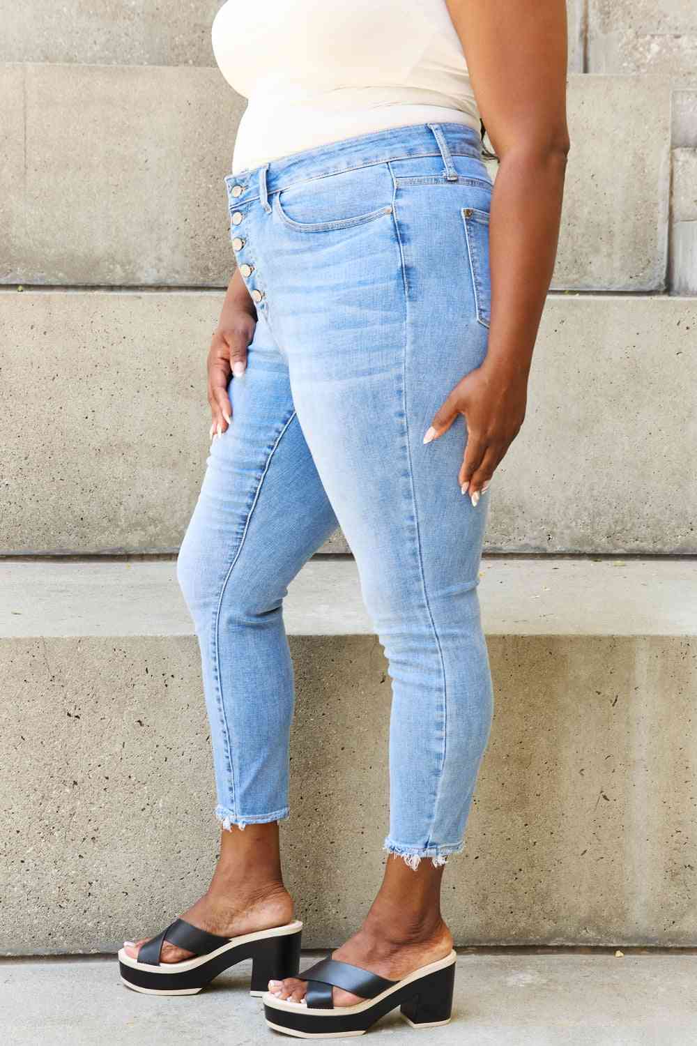 Judy Blue Full Size Button Fly Raw Hem Jeans - Heaven's Roaring Boutique