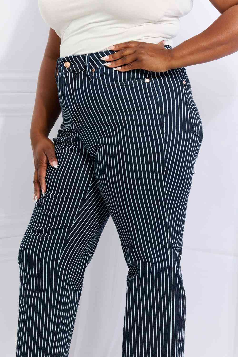 Judy Blue Cassidy Full Size High Waisted Tummy Control Striped Straight Jeans - Heaven's Roaring Boutique