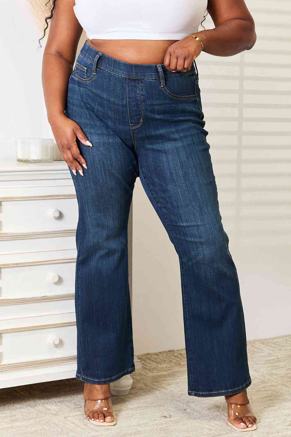 Judy Blue Full Size Elastic Waistband Slim Bootcut Jeans | JEANS | best jeans ever, boot cut jeans, boyfriend jeans, comfy jeans, dark wash jeans, denim, distressed jeans, flare jeans, good jeans, high quality jeans, high waisted jeans, judy blue, judy blue denim, judy blue jeans, judy blue skinny jeans, judy blue tummy control jeans, light wash jeans, mid rise jeans, mom jeans, Ship from USA, skinny jeans, straight leg jeans, super comfy jeans, super stretchy jeans, tummy control jeans, viral jeans, viral 