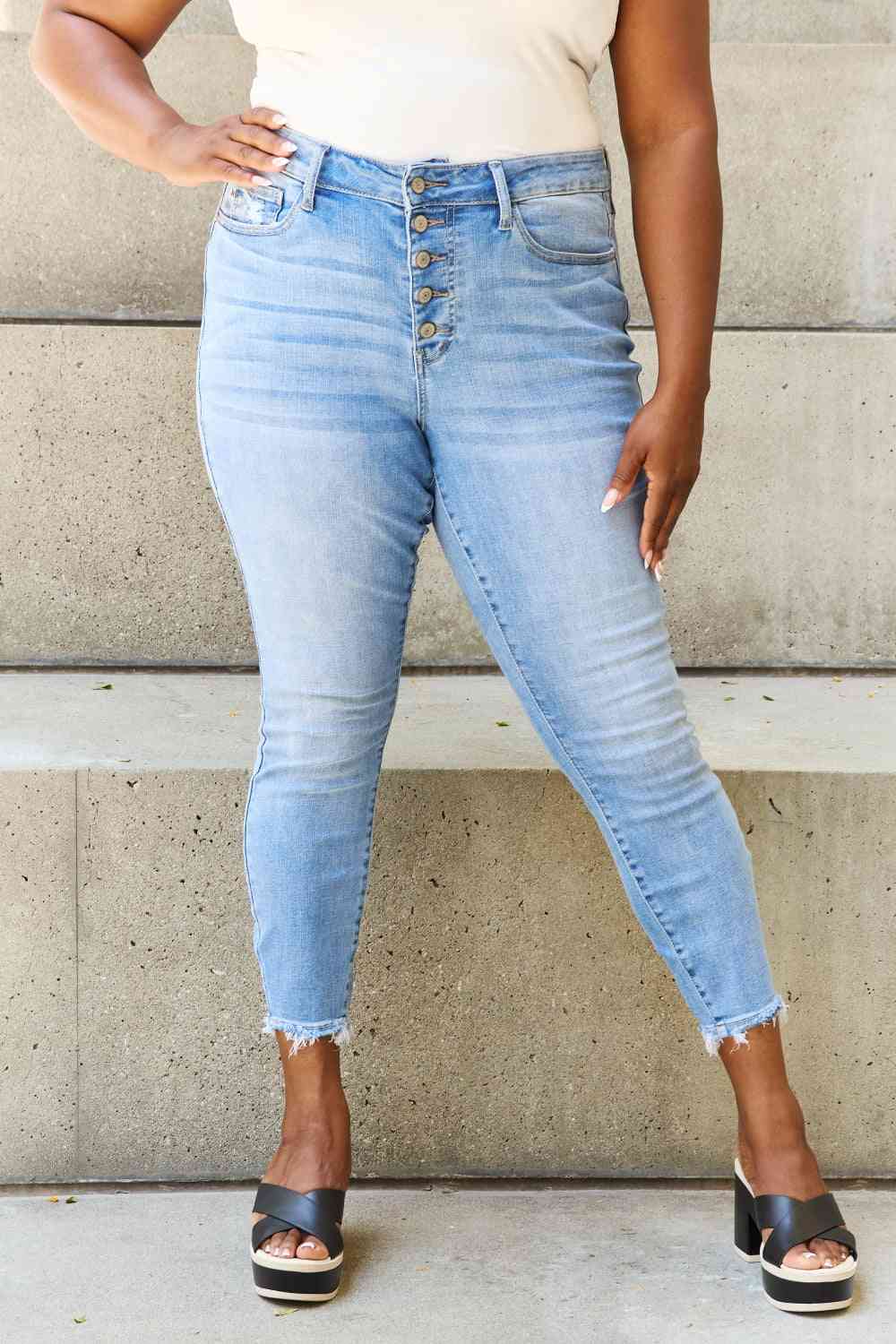 Judy Blue Full Size Button Fly Raw Hem Jeans - Heaven's Roaring Boutique