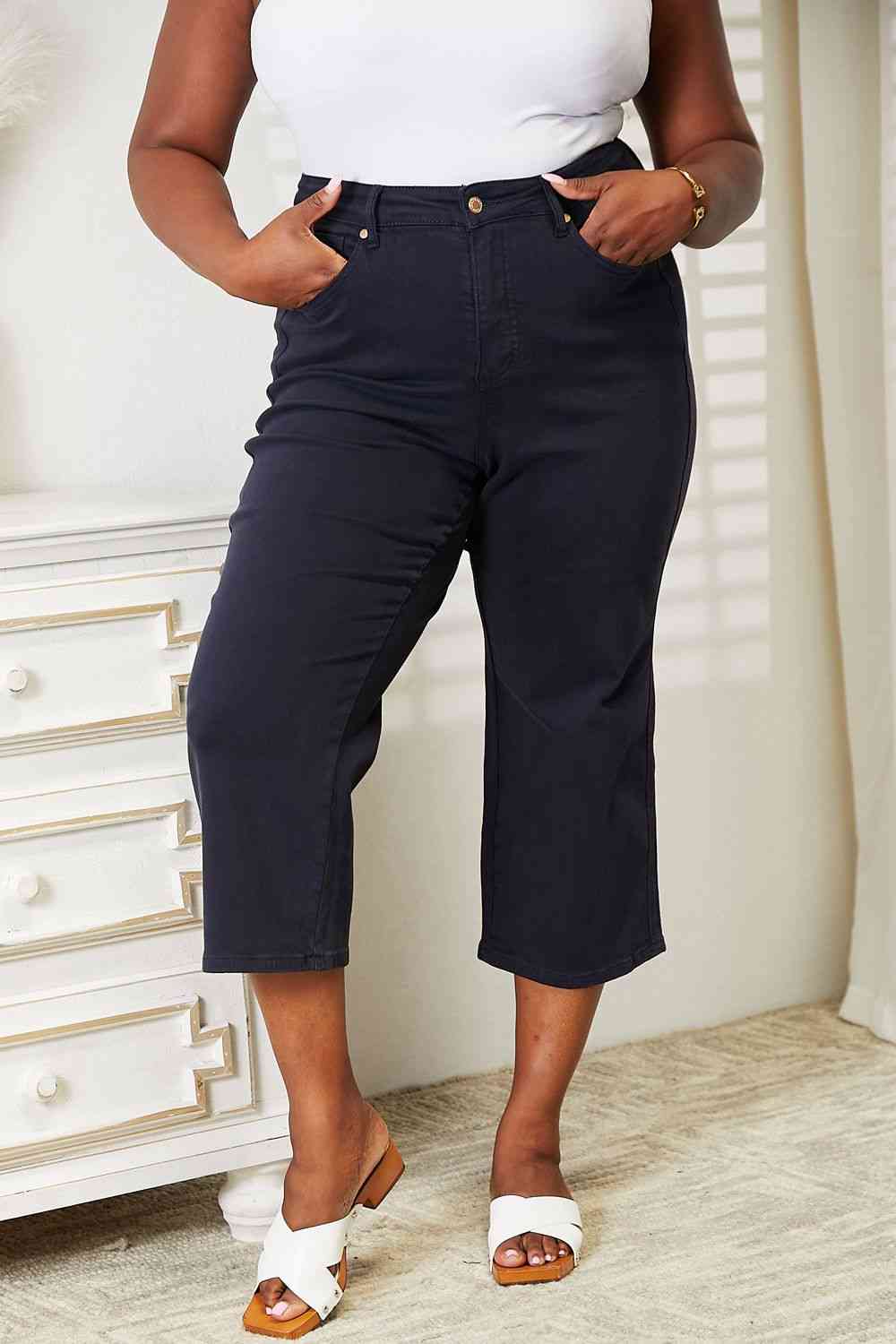 Judy Blue Full Size High Waist Tummy Control Garment Dyed Wide Cropped Jeans | JEANS | best jeans ever, boot cut jeans, boyfriend jeans, comfy jeans, dark wash jeans, denim, distressed jeans, flare jeans, good jeans, high quality jeans, high waisted jeans, judy blue, judy blue denim, judy blue jeans, judy blue skinny jeans, judy blue tummy control jeans, light wash jeans, mid rise jeans, mom jeans, Ship from USA, skinny jeans, straight leg jeans, super comfy jeans, super stretchy jeans, tummy control jeans,