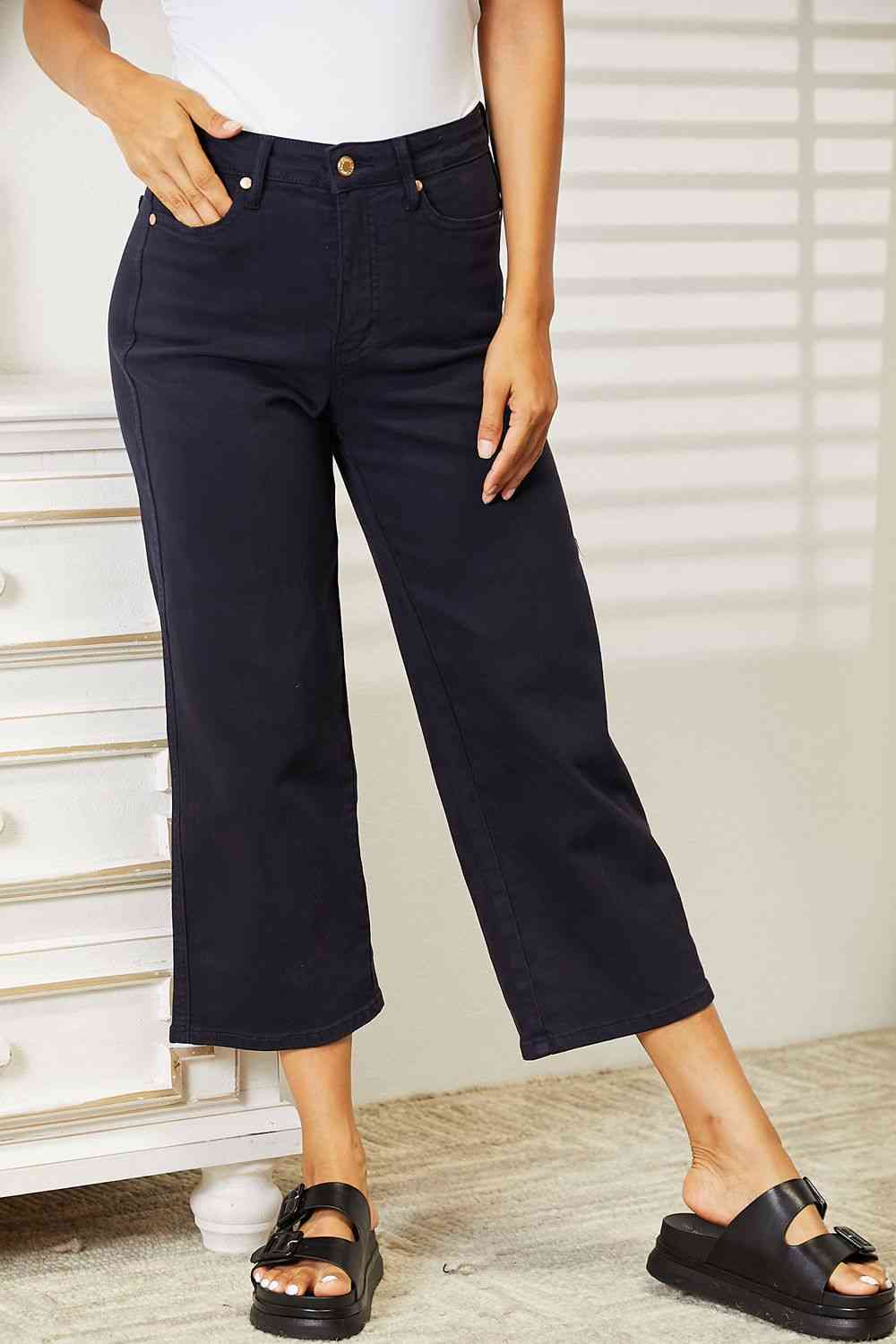 Judy Blue Full Size High Waist Tummy Control Garment Dyed Wide Cropped Jeans - Heaven's Roaring Boutique