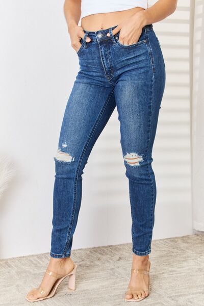 Judy Blue Full Size High Waist Distressed Slim Jeans | JEANS | best jeans ever, boot cut jeans, boyfriend jeans, comfy jeans, dark wash jeans, denim, distressed jeans, flare jeans, good jeans, high quality jeans, high waisted jeans, judy blue, judy blue denim, judy blue jeans, judy blue skinny jeans, judy blue tummy control jeans, light wash jeans, mid rise jeans, mom jeans, Ship from USA, skinny jeans, straight leg jeans, super comfy jeans, super stretchy jeans, tummy control jeans, viral jeans, viral judy