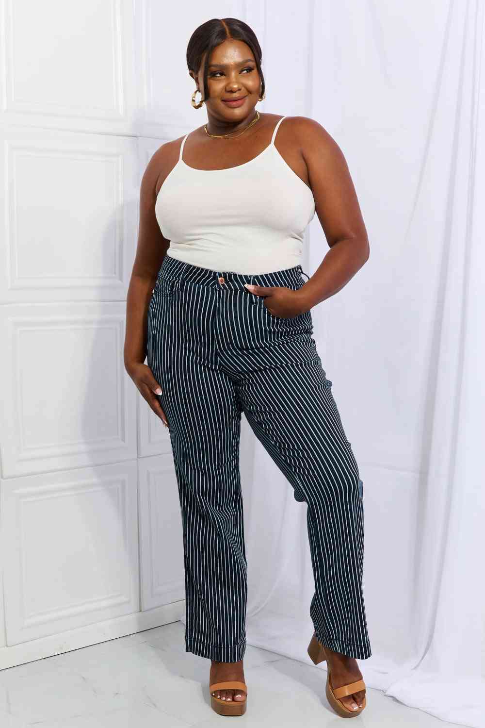 Judy Blue Cassidy Full Size High Waisted Tummy Control Striped Straight Jeans - Heaven's Roaring Boutique