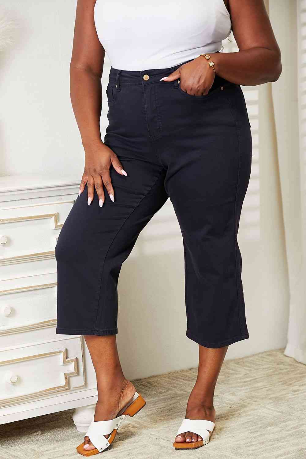 Judy Blue Full Size High Waist Tummy Control Garment Dyed Wide Cropped Jeans - Heaven's Roaring Boutique