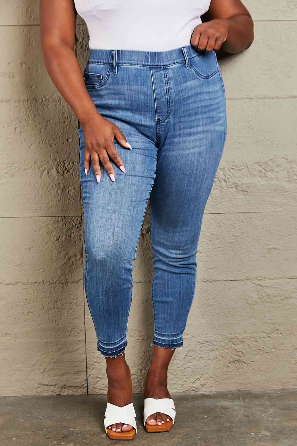 Judy Blue Janavie Full Size High Waisted Pull On Skinny Jeans | JEANS | best jeans ever, boot cut jeans, boyfriend jeans, comfy jeans, dark wash jeans, denim, distressed jeans, flare jeans, good jeans, high quality jeans, high waisted jeans, judy blue, judy blue denim, judy blue jeans, judy blue skinny jeans, judy blue tummy control jeans, light wash jeans, mid rise jeans, mom jeans, Ship from USA, skinny jeans, straight leg jeans, super comfy jeans, super stretchy jeans, tummy control jeans, viral jeans, v