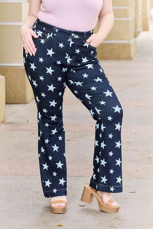 Judy Blue Janelle Full Size High Waist Star Print Flare Jeans | JEANS | best jeans ever, boot cut jeans, boyfriend jeans, comfy jeans, dark wash jeans, denim, distressed jeans, flare jeans, good jeans, high quality jeans, high waisted jeans, judy blue, judy blue denim, judy blue jeans, judy blue skinny jeans, judy blue tummy control jeans, light wash jeans, mid rise jeans, mom jeans, Ship from USA, skinny jeans, straight leg jeans, super comfy jeans, super stretchy jeans, tummy control jeans, viral jeans, v