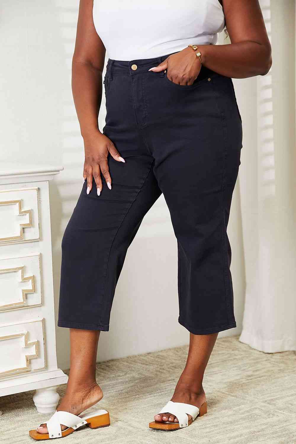 Judy Blue Full Size High Waist Tummy Control Garment Dyed Wide Cropped Jeans - Heaven's Roaring Boutique